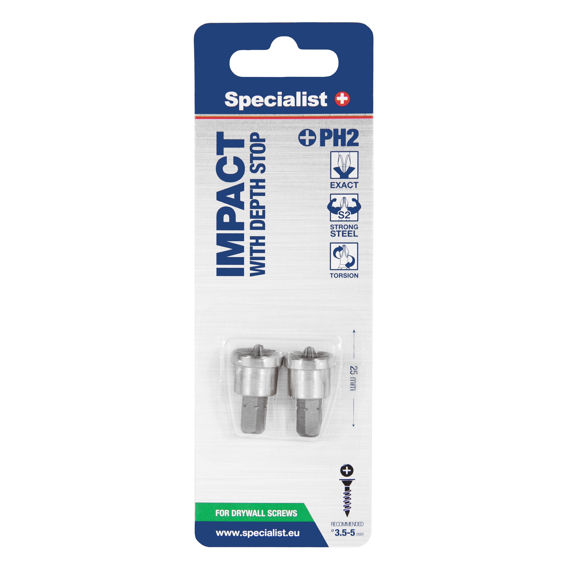 SPECIALIST+ antg. PH2 su gylio ribotuvu, 25 mm, 2 vnt.